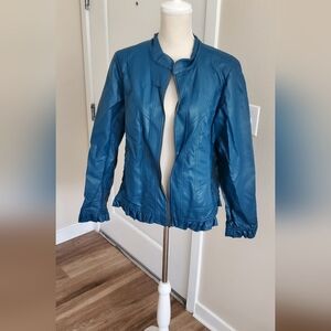 CJ Banks Blue Leather Jacket with Stand-Up Collar